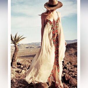 Free People Nikita Floral Embroidered Vintage Laced up Rope Tie Maxi Dress